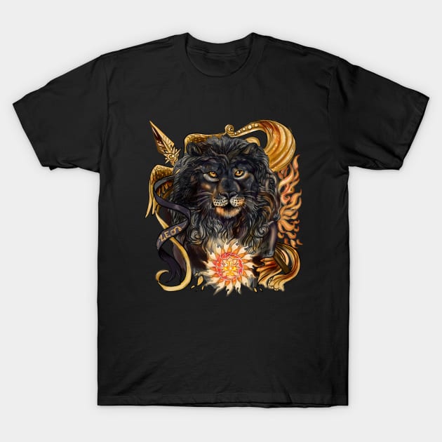 Zodiac Sign Leo Black Lion Art T-Shirt by Shadowind